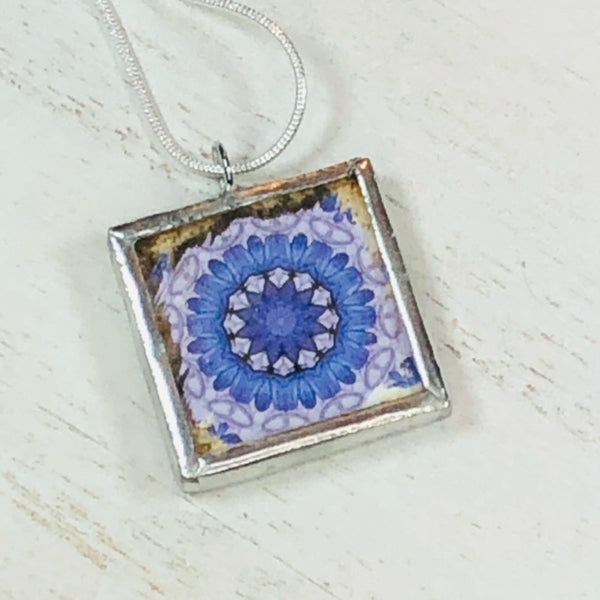 Handmade Reversible Glass and Silver Soldered Charm Pendant Necklace - 1"x 1" - Crown Chakra - I Am Strength