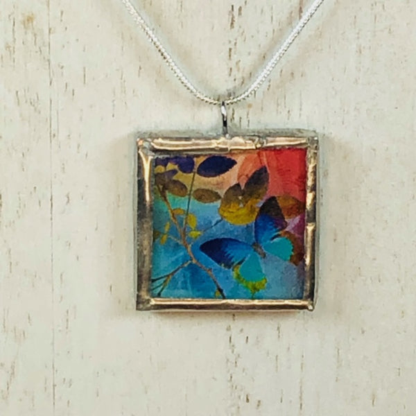 Handmade Reversible Glass and Silver Soldered Charm Pendant Necklace - 1"x 1" - Pretty Butterflies