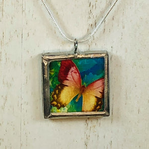 Handmade Reversible Glass and Silver Soldered Charm Pendant Necklace - 1"x 1" - Pretty Butterflies