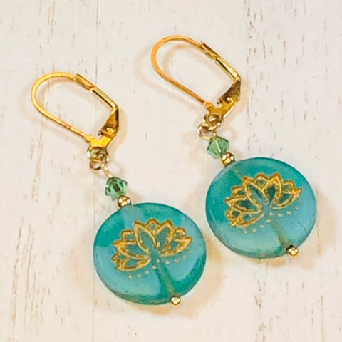 Seafoam and Green Lotus Flower Earrings - Pressed Czech Beads, Austrian Crystals, Gold Plated Findings