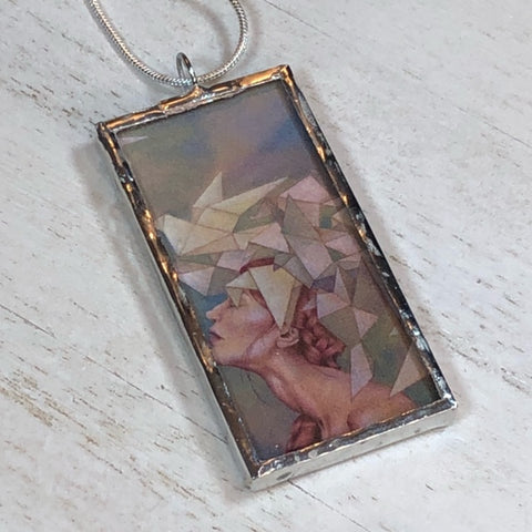 Handmade Double-Sided Glass and Silver Soldered Charm Pendant Necklace - 1"x 2" - Silvergleem Finish - Origami Girl
