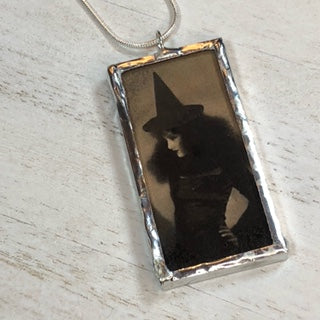 Handmade Double-Sided Glass and Silver Soldered Charm Pendant Necklace - 1"x 2" - Silvergleem Finish - Little Witch and Familiar