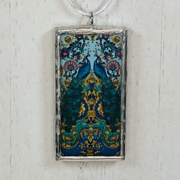 Handmade Double-Sided Glass and Silver Soldered Charm Pendant Necklace - 1"x 2" - Silvergleem Finish - Peacocks