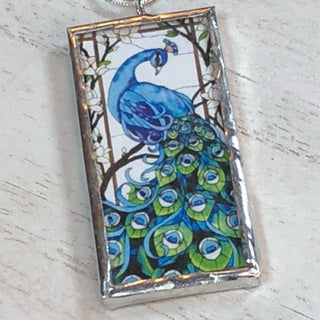 Handmade Double-Sided Glass and Silver Soldered Charm Pendant Necklace - 1"x 2" - Silvergleem Finish - Peacocks