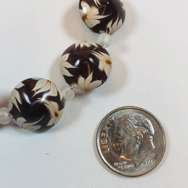 Handmade Polymer Clay Swirled Lentil Beads - Chocolate with White Flowers - 14mm - Set of Ten