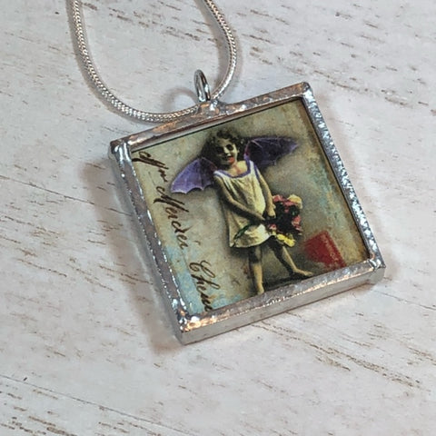 Handmade Double-Sided Glass and Silver Soldered Charm Pendant Necklace - 1"x 1" - Pewter Finish - Bat Girl
