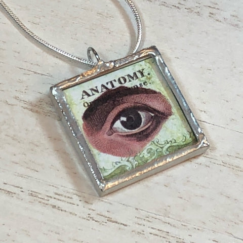 Handmade Double-Sided Glass and Silver Soldered Charm Pendant Necklace - 1"x 1" - Pewter Finish - Anatomy and Spooky Girl