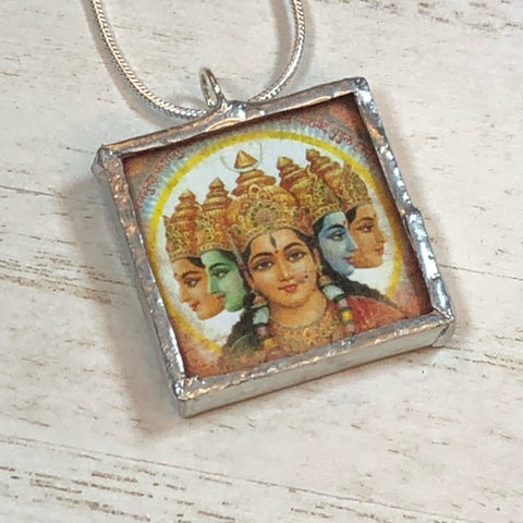 Handmade Double-Sided Glass and Silver Soldered Charm Pendant Necklace - 1"x 1" - Pewter Finish - More Hindu Deities