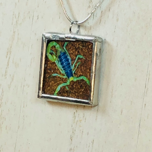 Handmade Reversible Glass and Silver Soldered Charm Pendant Necklace - 1"x 1" - Scorpion