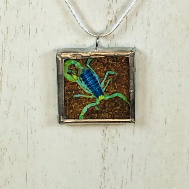 Handmade Reversible Glass and Silver Soldered Charm Pendant Necklace - 1"x 1" - Scorpion