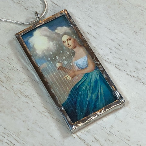 Handmade Double-Sided Glass and Silver Soldered Charm Pendant Necklace - 1"x 2" - Silvergleem Finish - Girl in Blue Dress