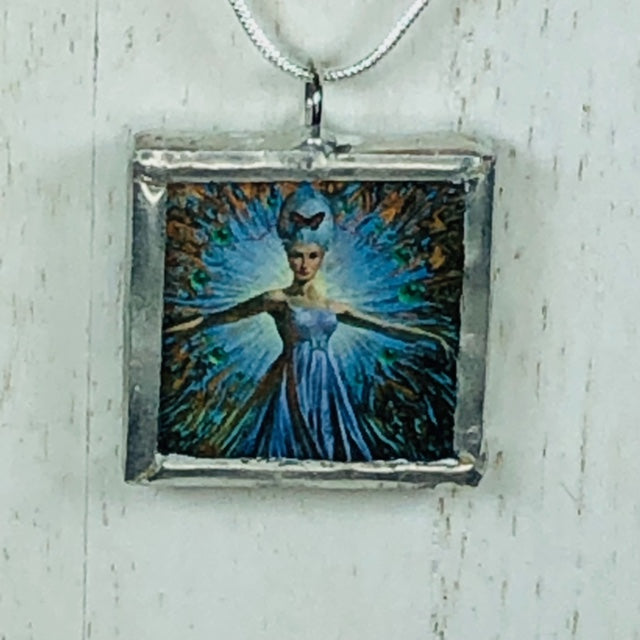 Handmade Reversible Glass and Silver Soldered Charm Pendant Necklace - 1"x 1" - Pewter Finish - Blue Haired Lady