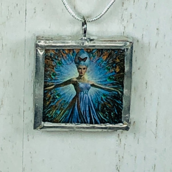 Handmade Reversible Glass and Silver Soldered Charm Pendant Necklace - 1"x 1" - Pewter Finish - Blue Haired Lady