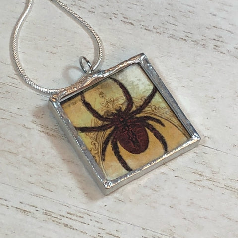 Handmade Double-Sided Glass and Silver Soldered Charm Pendant Necklace - 1"x 1" - Pewter Finish - Big Red Spider
