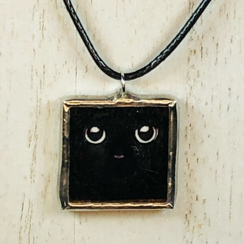 Handmade Reversible Glass and Silver Soldered Charm Pendant Necklace - Pewter Finish - 1"x 1" - Black Cat Close Up