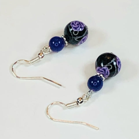 Handmade Polymer Clay Earrings - Purple Roses on Black Leaves with Accent Beads