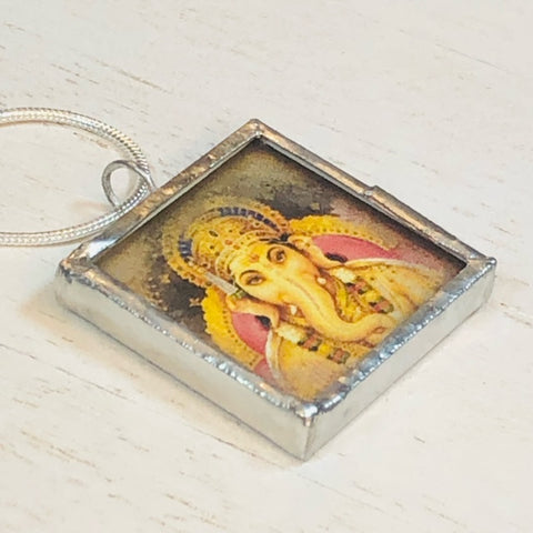 Handmade Double-Sided Glass and Silver Soldered Charm Pendant Necklace - 1"x 1" - Pewter Finish - Ganesh and Hindu Deity