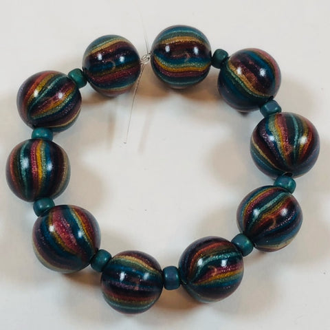 Handmade Polymer Clay Beads - Colorful Striped Metallic - 9 mm - Set of Ten