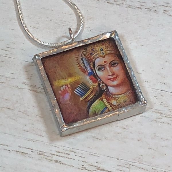 Handmade Double-Sided Glass and Silver Soldered Charm Pendant Necklace - 1"x 1" - Pewter Finish - Hindu Goddesses