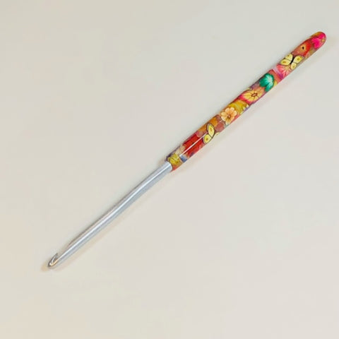 Polymer Clay Embellished Crochet Hook - Susan Bates - Size F5/3.75mm - Millefiori Flower and Yellow Butterfly Design