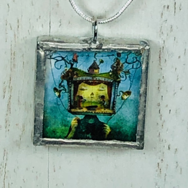 Handmade Reversible Glass and Silver Soldered Charm Pendant Necklace - 1"x 1" - Pewter Finish - Blue Haired Lady