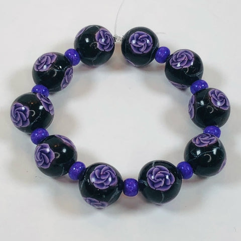 Handmade Polymer Clay Beads - 10mm - Set of Ten - Purple Roses on Black and Silver Leaves