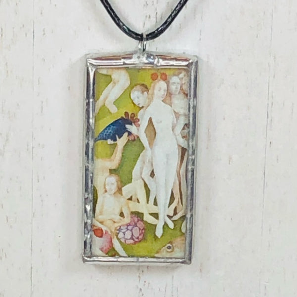 Handmade Reversible Glass and Silver Soldered Charm Pendant Necklace - 1"x 2" - Silvergleem Finish - The Garden of Earthly Delights