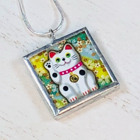 Handmade Reversible Glass and Silver Soldered Charm Pendant Necklace - 1"x 1" - Pewter Finish - Maneki-Neko