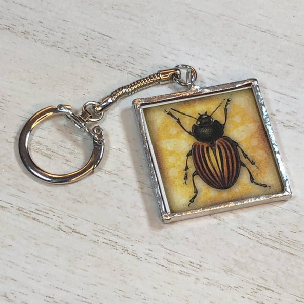 Handmade Glass and Silver Soldered Double-Sided Keychain - Lead Free Pewter Finish - Spotted Beetle and Striped Beetle