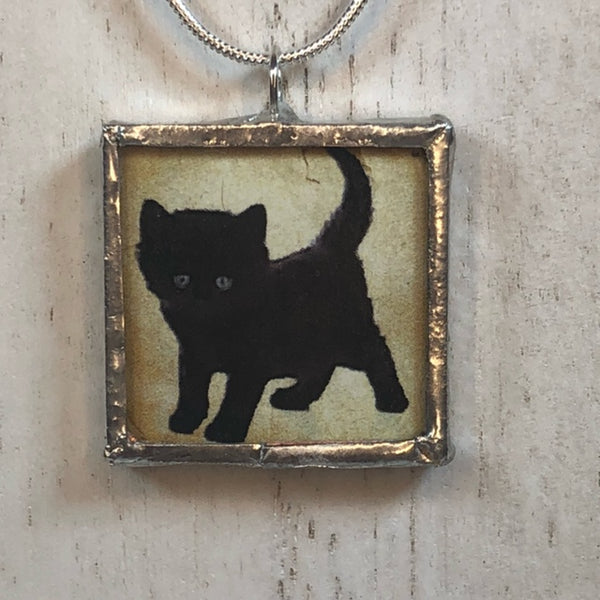 Handmade Double-Sided Glass and Silver Soldered Charm Pendant Necklace - 1"x 1" - Pewter Finish - Black Kitties