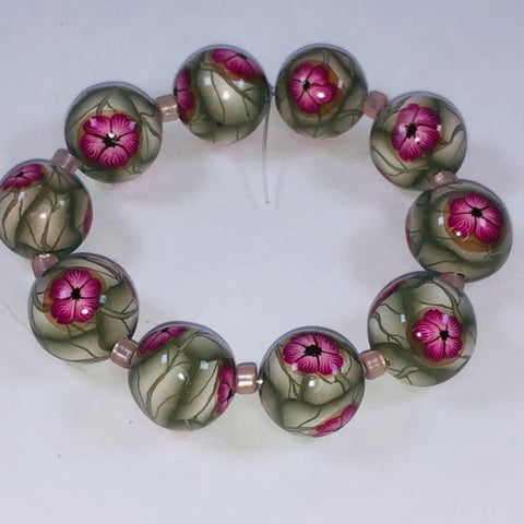 Handmade Polymer Clay Beads - 11mm - Set of Ten - Pink Flowers on Green Leaves