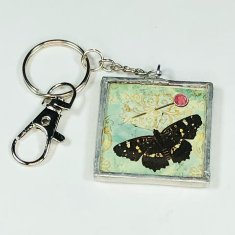 Handmade Glass and Silver Soldered Reversible Keychain - Lead Free Pewter Finish - Butterflies