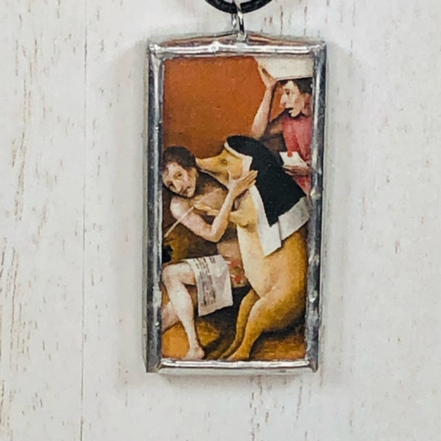 Handmade Reversible Glass and Silver Soldered Charm Pendant Necklace - 1"x 2" - Silvergleem Finish - The Garden of Earthly Delights