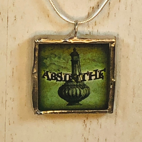 Handmade Double-Sided Glass and Silver Soldered Charm Pendant Necklace - 1"x 1" - Pewter Finish - Blue Beetle and Green Drink