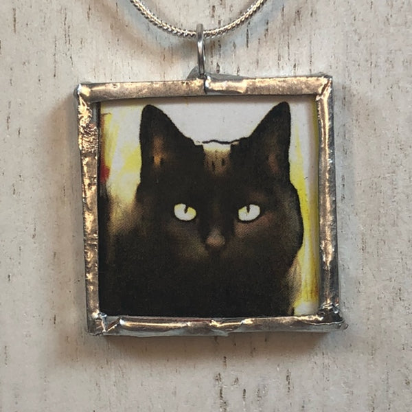 Handmade Double-Sided Glass and Silver Soldered Charm Pendant Necklace - 1"x 1" - Pewter Finish - Black Kitties