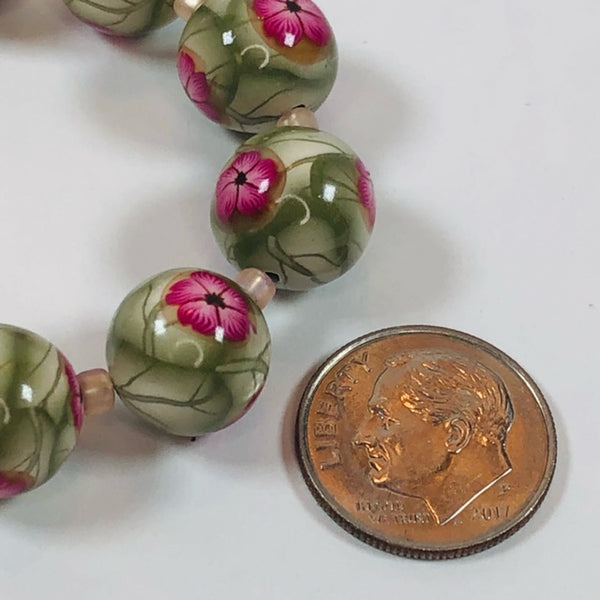 Handmade Polymer Clay Beads - 11mm - Set of Ten - Pink Flowers on Green Leaves