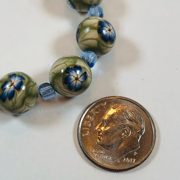 Handmade Polymer Clay Beads - Blue Flowers and Green Leaves - 9mm - Set of Ten