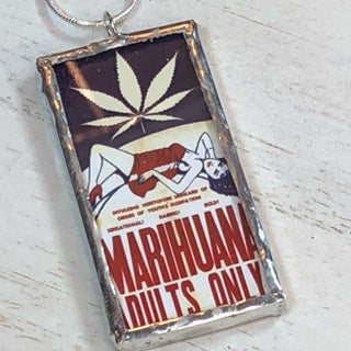 Handmade Double-Sided Glass and Silver Soldered Charm Pendant Necklace - 1"x 2" - Silvergleem Finish - Reefer Madness