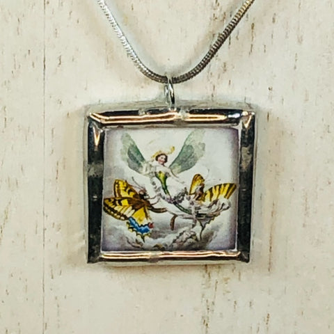 Handmade Reversible Glass and Silver Soldered Charm Pendant Necklace - 1"x 1" - Swallowtail Butterfly Fairy