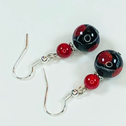 Handmade Polymer Clay Earrings - Red Roses on Black Leaves with Accent Beads