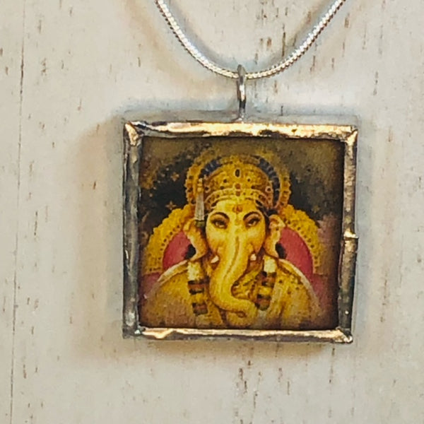 Handmade Double-Sided Glass and Silver Soldered Charm Pendant Necklace - 1"x 1" - Pewter Finish - Ganesh and Hindu Deity