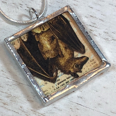 Handmade Double-Sided Glass and Silver Soldered Charm Pendant Necklace - 1"x 1" - Pewter Finish - Hanging Bat and Raven with Roses