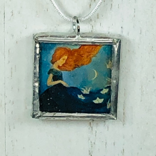 Handmade Reversible Glass and Silver Soldered Charm Pendant Necklace - 1"x 1" - Pewter Finish - Girl in Blue Dress