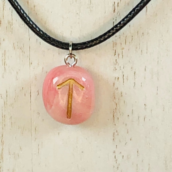 Handmade Polymer Clay Rune Pendant - Faux Rose Quartz - Telwaz