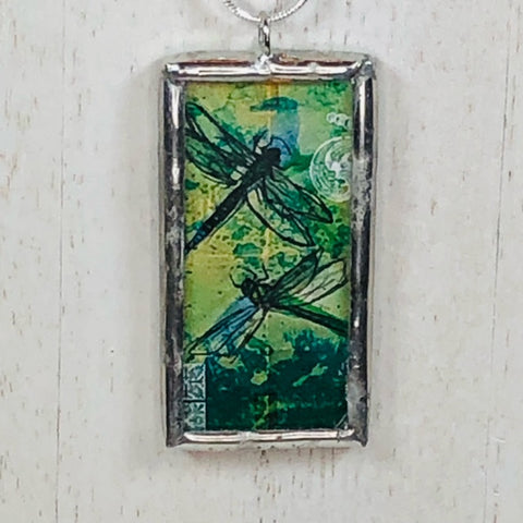 Handmade Reversible Glass and Silver Soldered Charm Pendant Necklace - 1"x 2" - Pewter Finish - Dragonflies