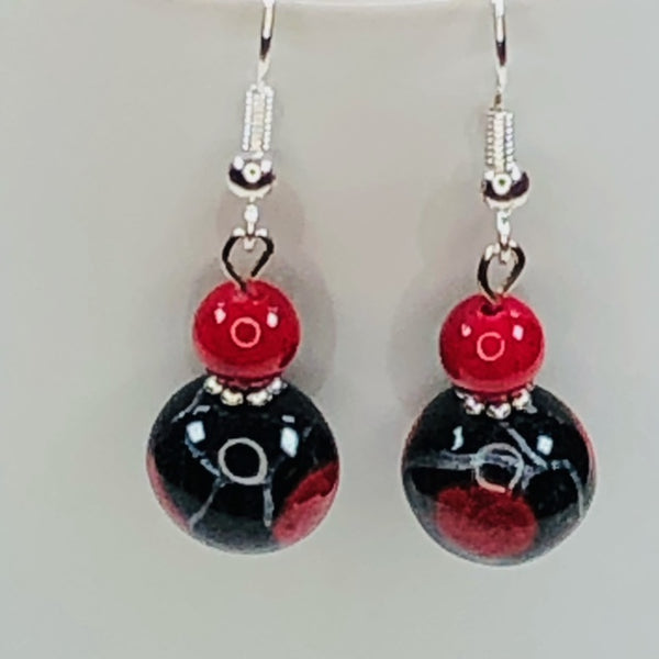 Handmade Polymer Clay Earrings - Red Roses on Black Leaves with Accent Beads