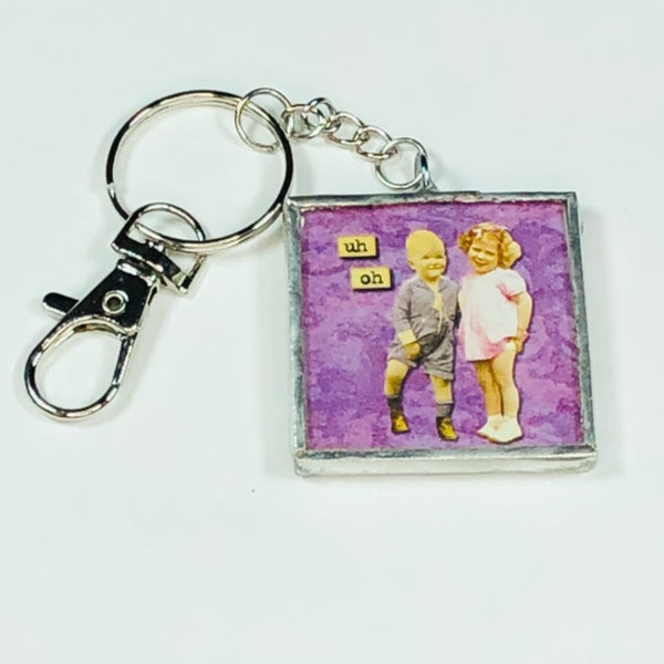 Handmade Glass and Silver Soldered Reversible Keychain - Lead Free Pewter Finish - It's Been Longer Than Four Hours