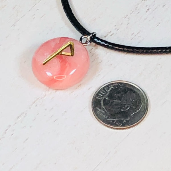 Handmade Polymer Clay Rune Pendant - Faux Rose Quartz - Wunjo