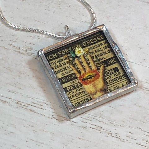 Handmade Double-Sided Glass and Silver Soldered Charm Pendant Necklace - 1"x 1" - Pewter Finish - Palmistry and Fortune Teller