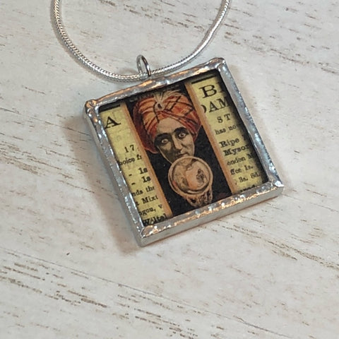 Handmade Double-Sided Glass and Silver Soldered Charm Pendant Necklace - 1"x 1" - Pewter Finish - Fortune Teller and Palm Reading